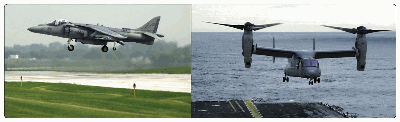 Two aircraft using vectored thrust: a Harrier jet and a tiltrotor aircraft.