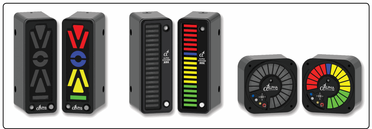 Several general aviation angle-of-attack indicator display styles.