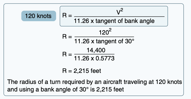 Radius at 120 knots with bank angle of 30 °.