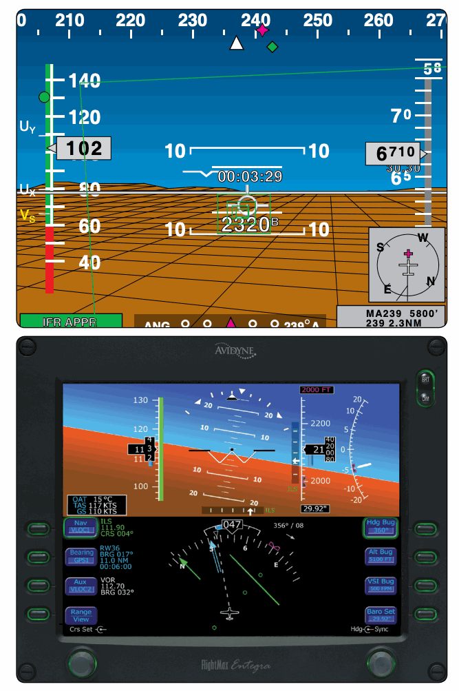Two examples of configurable electronic flight displays.