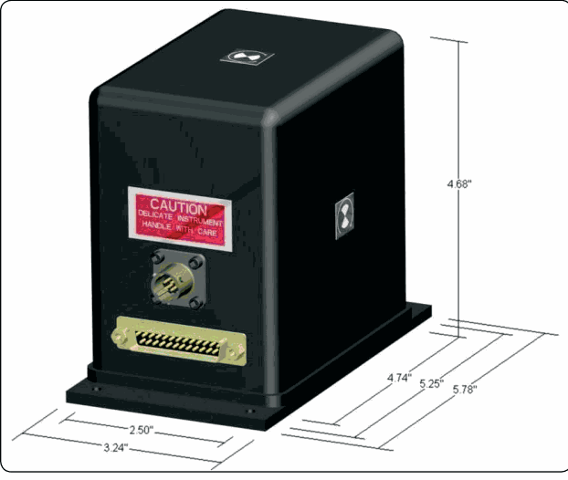 Photograph of an attitude and heading reference system unit with its dimensions.