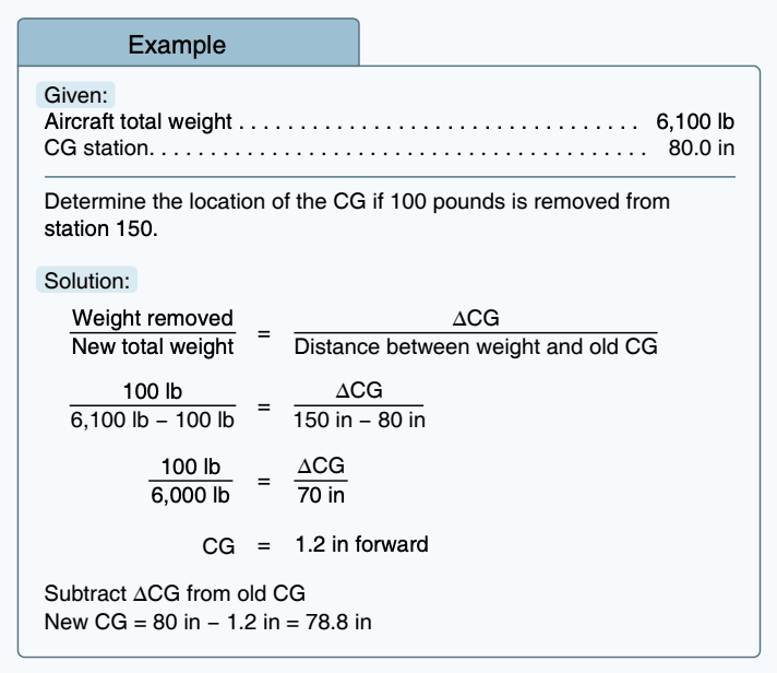 Worked calculation showing the center of gravity after removing 100 pounds from station 150.